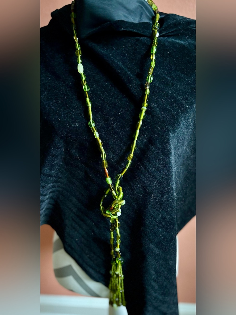 Vintage Czech Bohemian Glass 65” Sautoir Lariat Necklace Green Double Tassel